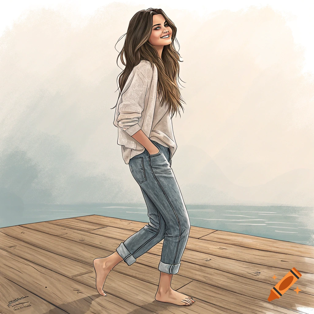 Illustration of Selena Gomez walking barefoot on a pier, wearing a sweater and jeans.
