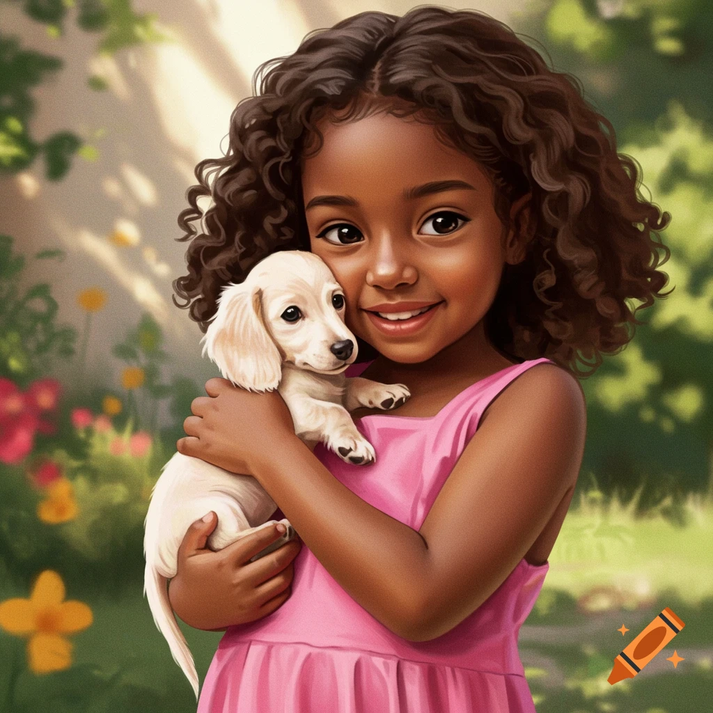 A young girl holding a white puppy in a sunny garden.