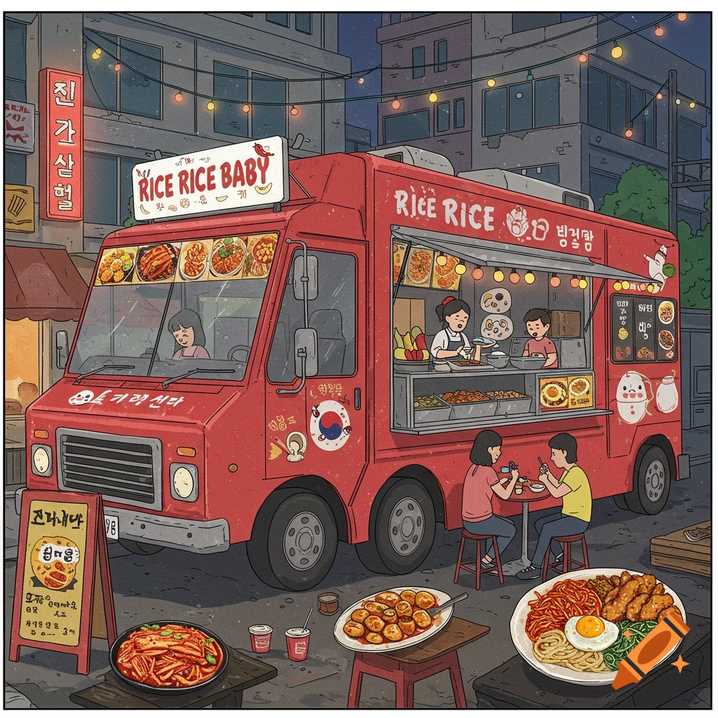 A red Korean food truck named 'Rice Rice Baby' is on a city street at night. People are ordering and eating at tables outside the truck.