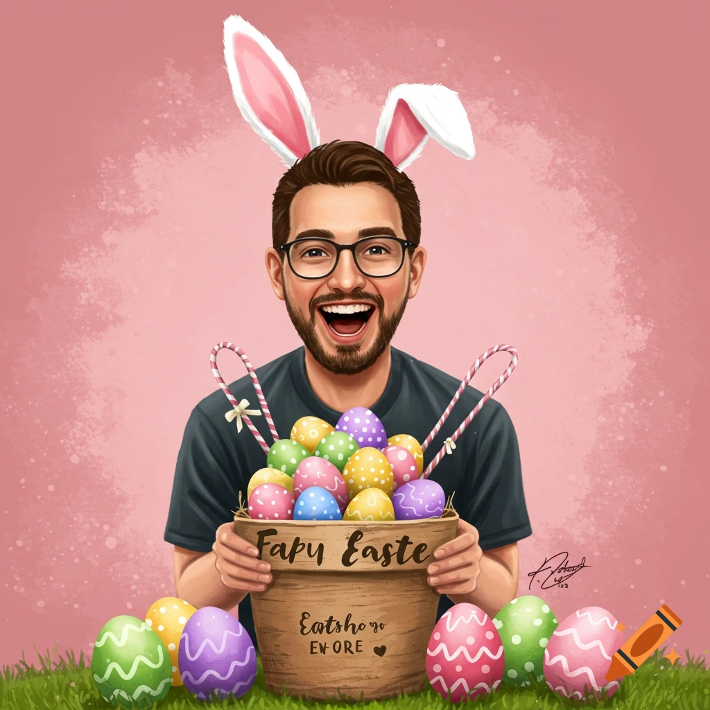 Man with bunny ears holds a bucket of Easter eggs in a digital illustration.