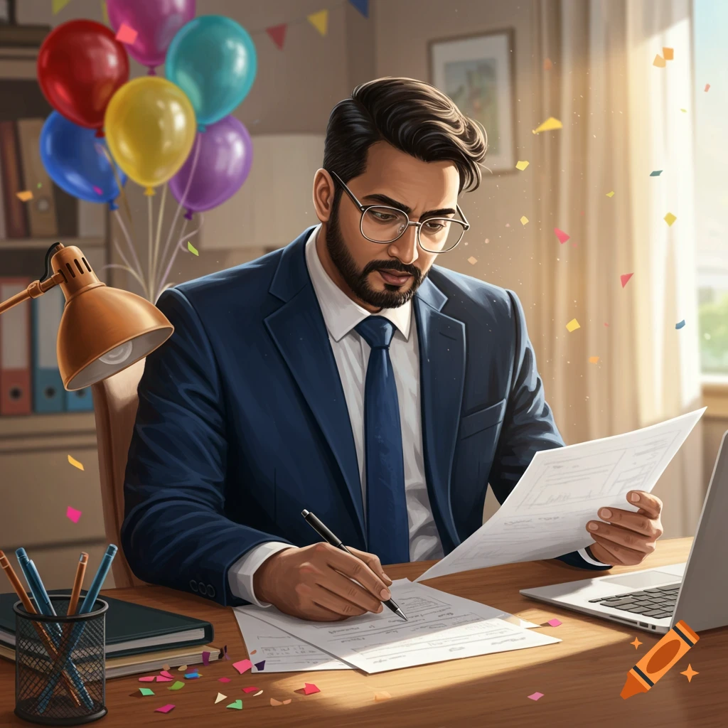 A man in a suit and glasses writes at a desk with balloons and confetti.
