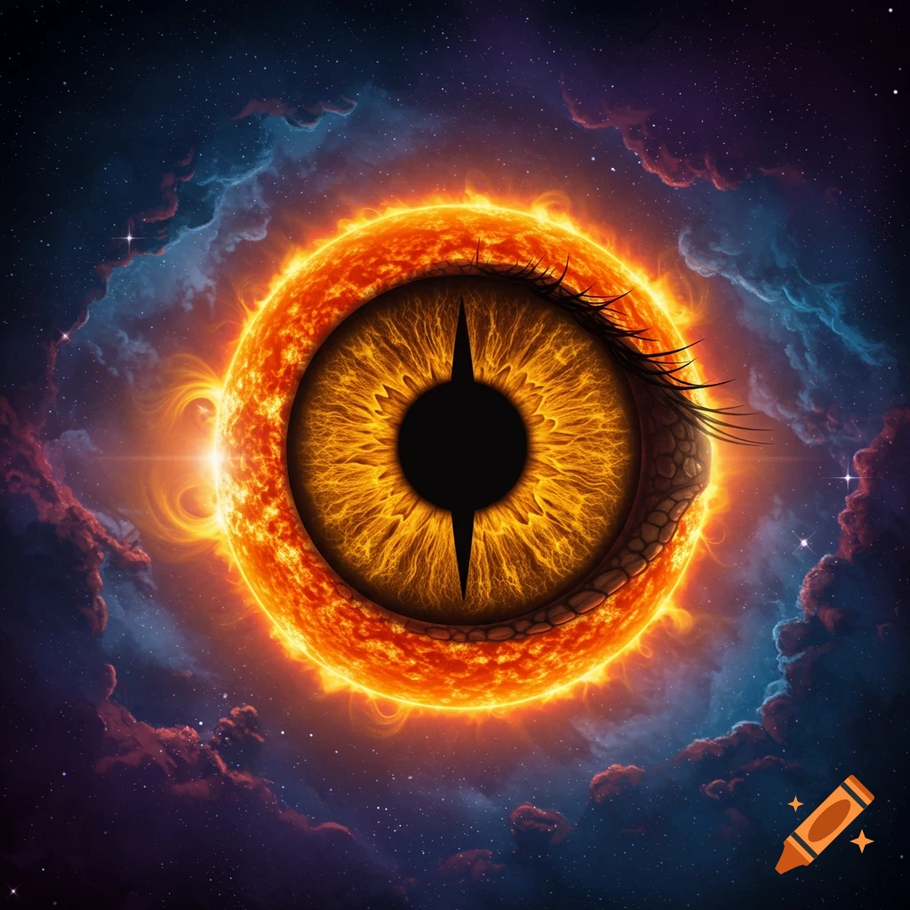 A reptilian eye centered within a glowing solar eclipse in space.