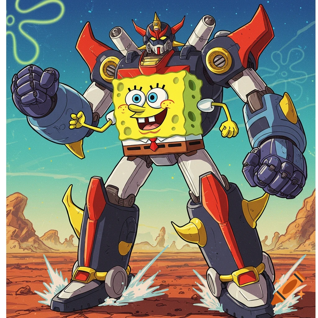 Spongebob Squarepants as a giant robot standing in a desert landscape