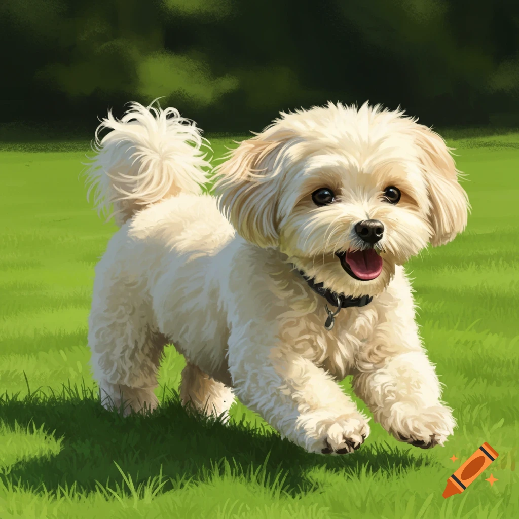 A cream colored Maltipoo dog runs happily on green grass.