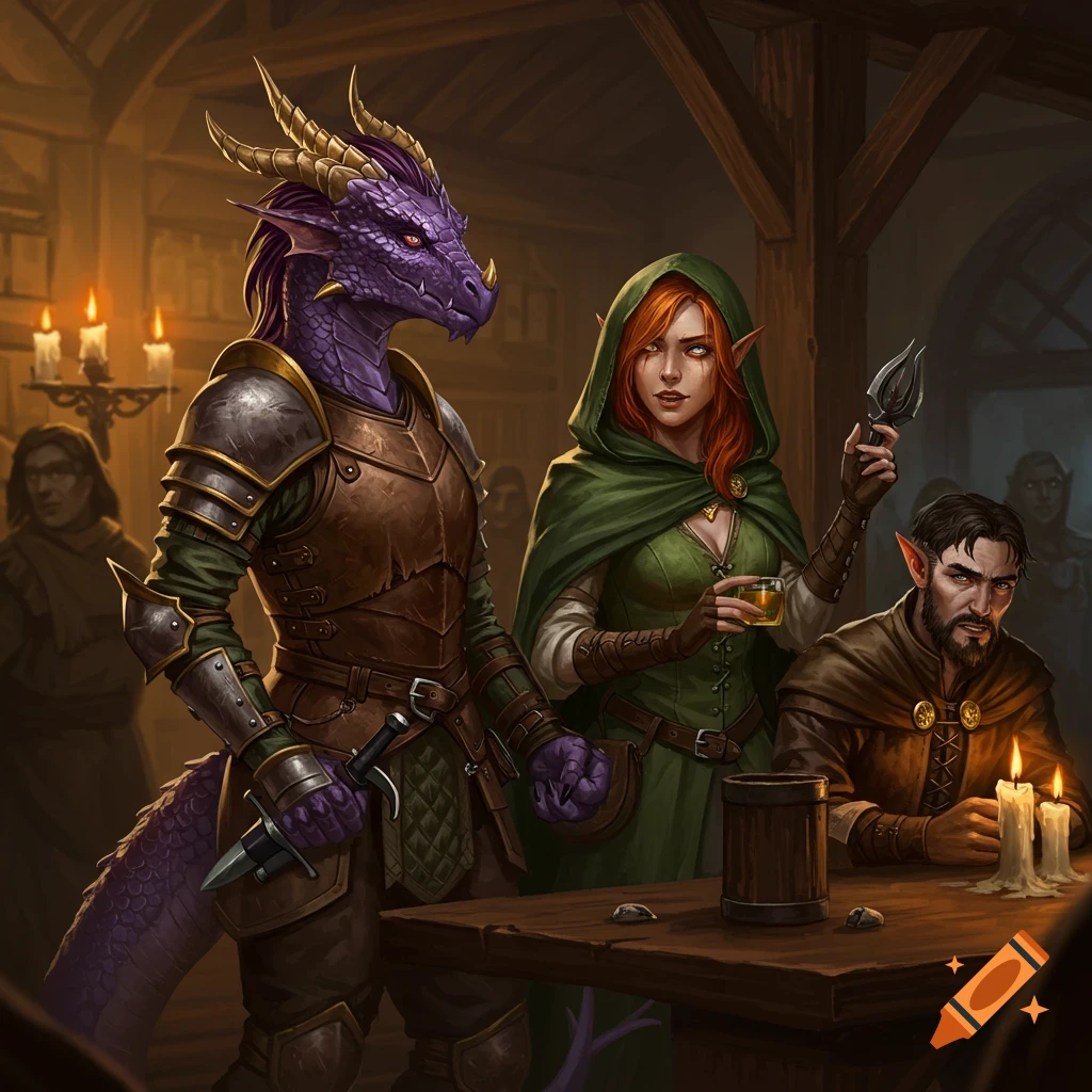 A dragonborn in armor, an elf, and a human sit at a table in a dimly lit tavern.