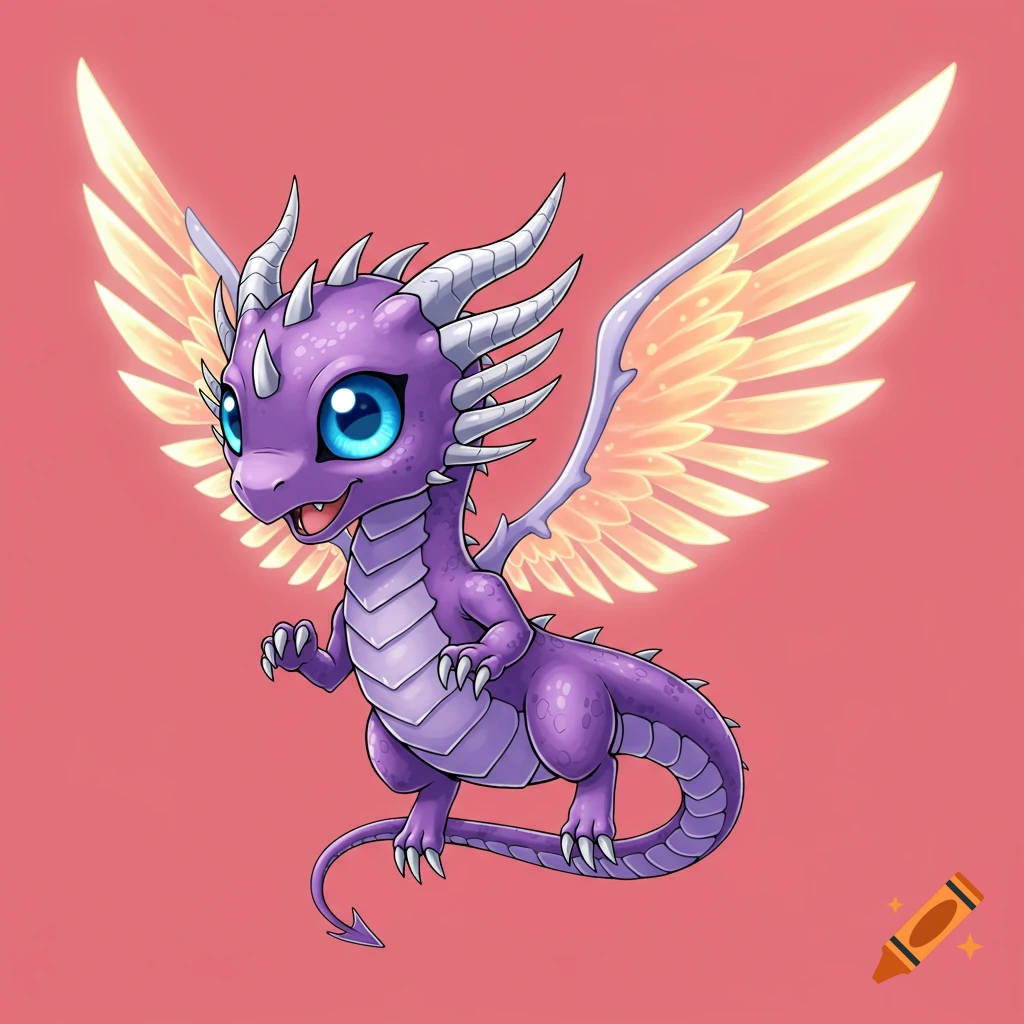 A small purple cartoon dragon with large blue eyes and glowing yellow wings.