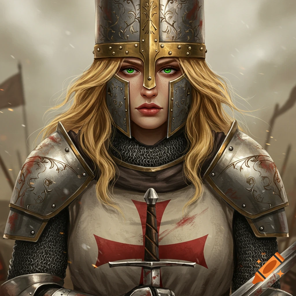 Female medieval crusader in armor holding a sword