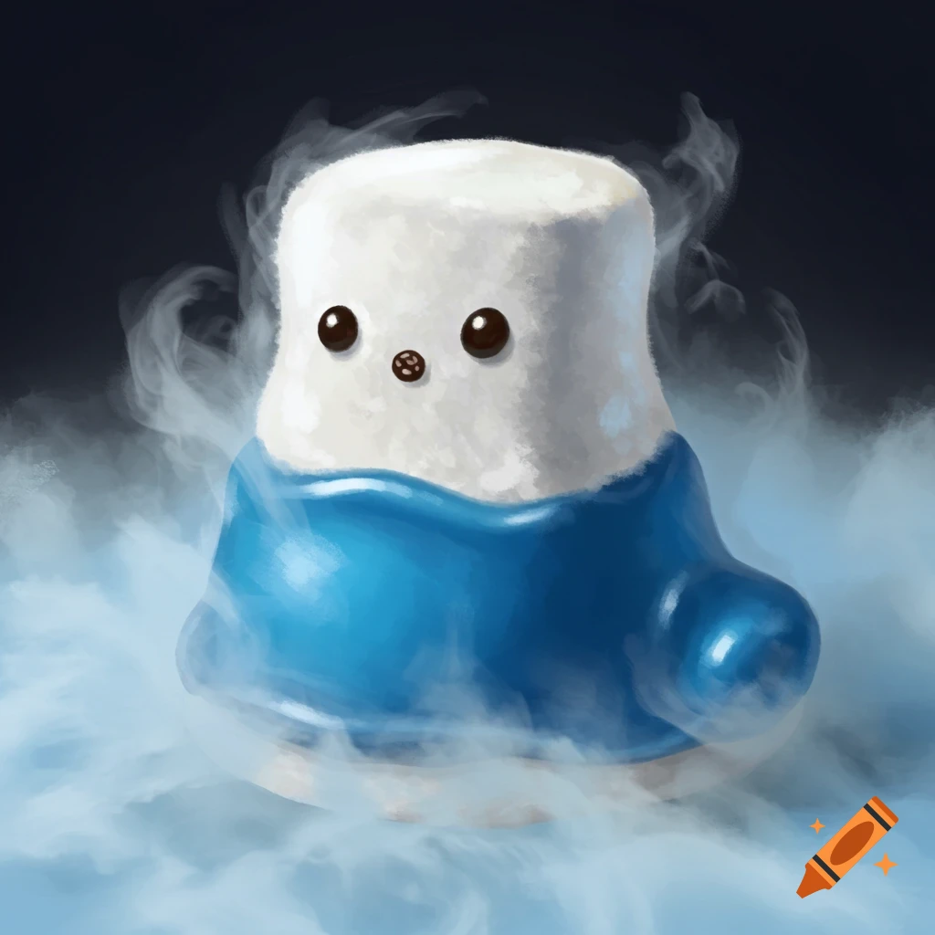 A cute marshmallow character wearing a blue shirt is surrounded by vapor.