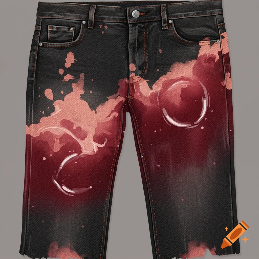 Dark wash jeans with red and pink spilled liquid pattern