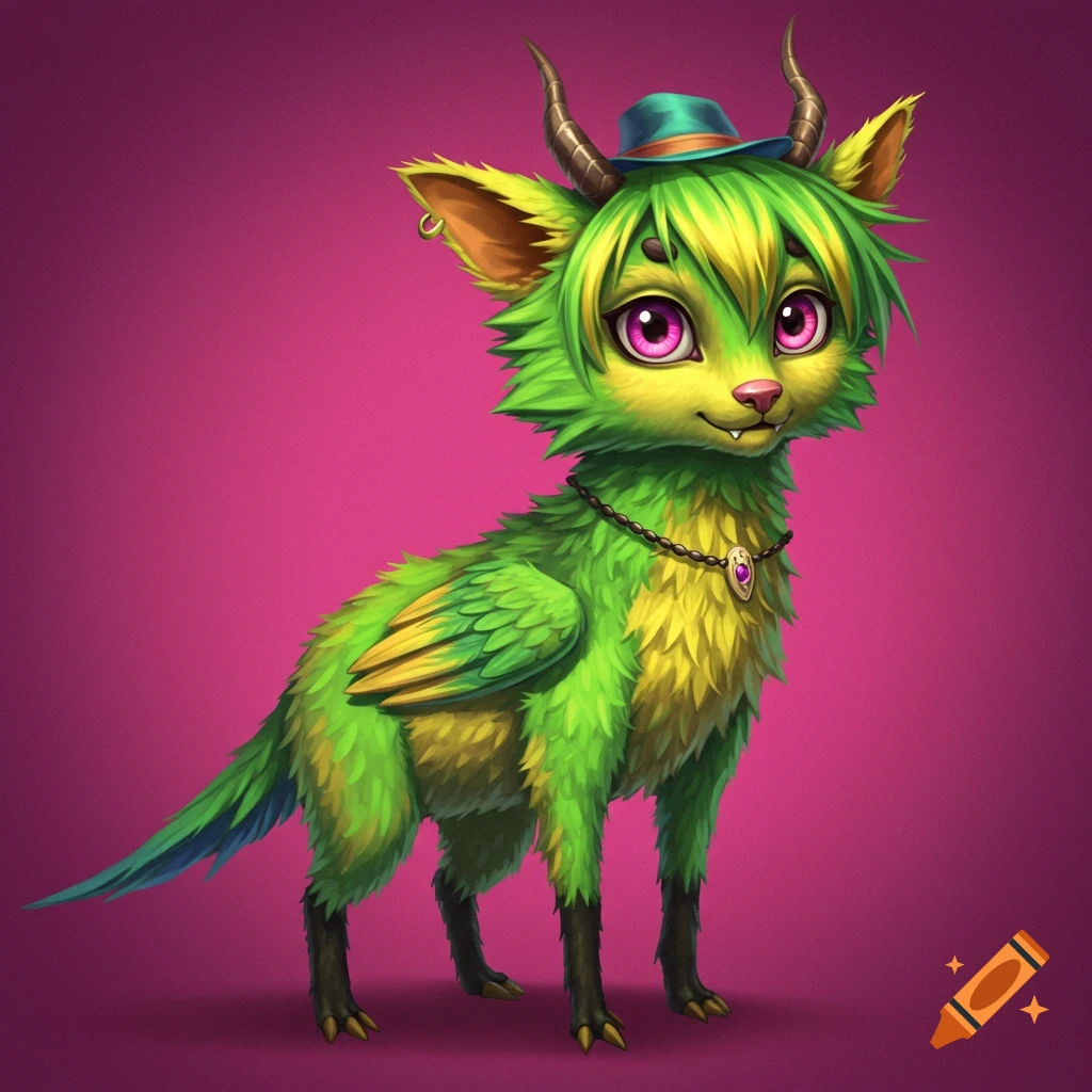 A cute green furry fantasy creature with pink eyes, horns, a hat, and wings.