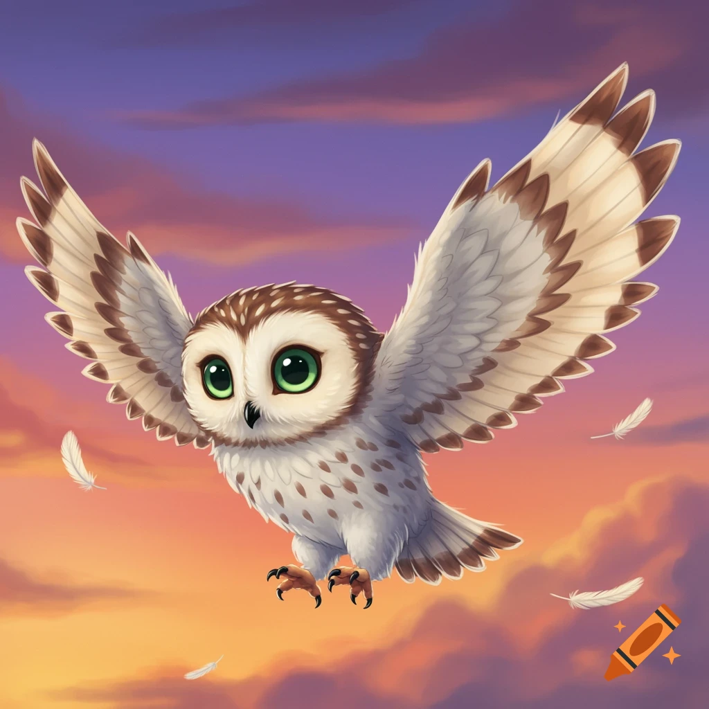 A whimsical cartoon owl flying against a vibrant sunset sky.