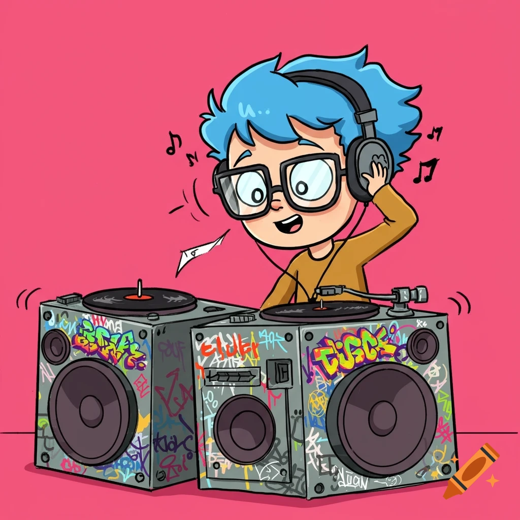 Cartoon illustration of a child wearing headphones and playing music on graffiti-covered turntables against a pink background.