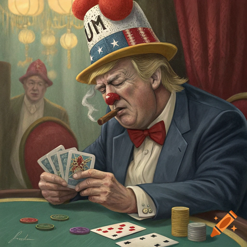 An illustration of a man resembling Donald Trump dressed as a clown playing poker and smoking a cigar.