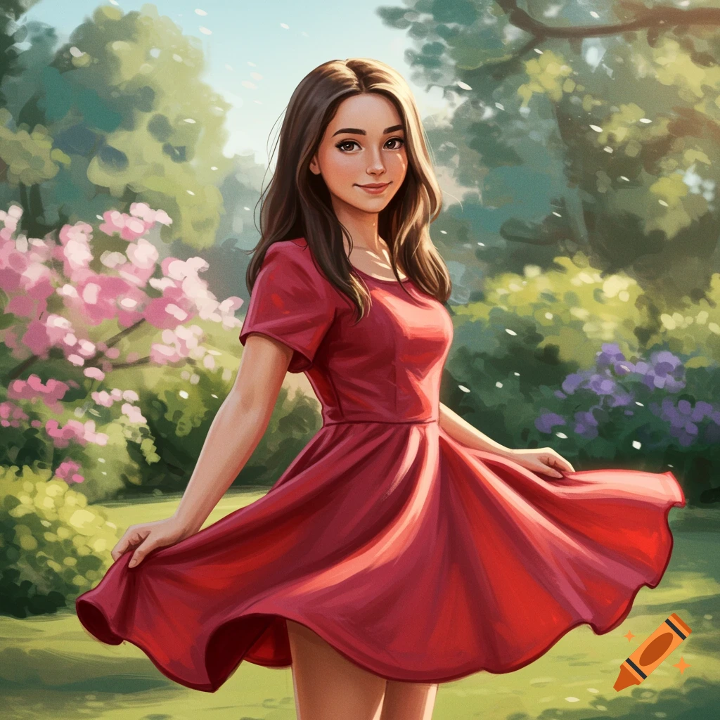 A woman in a red dress in a sunlit garden, rendered in a painterly digital style.