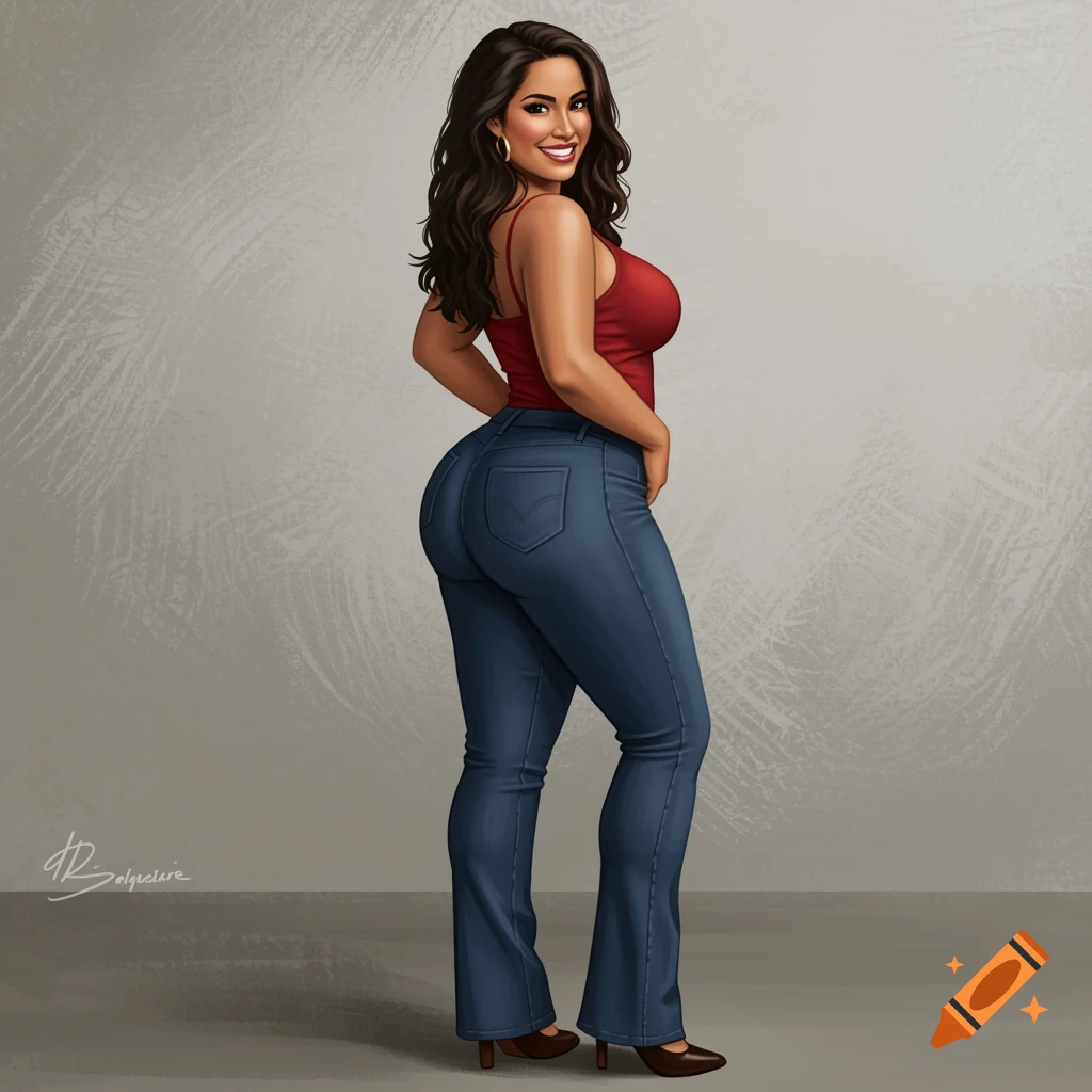 A woman in a red top and jeans posing.