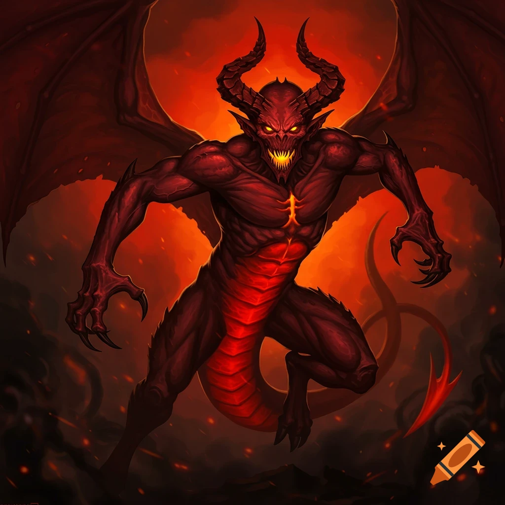 A red spined devil with wings and horns in a fiery scene.