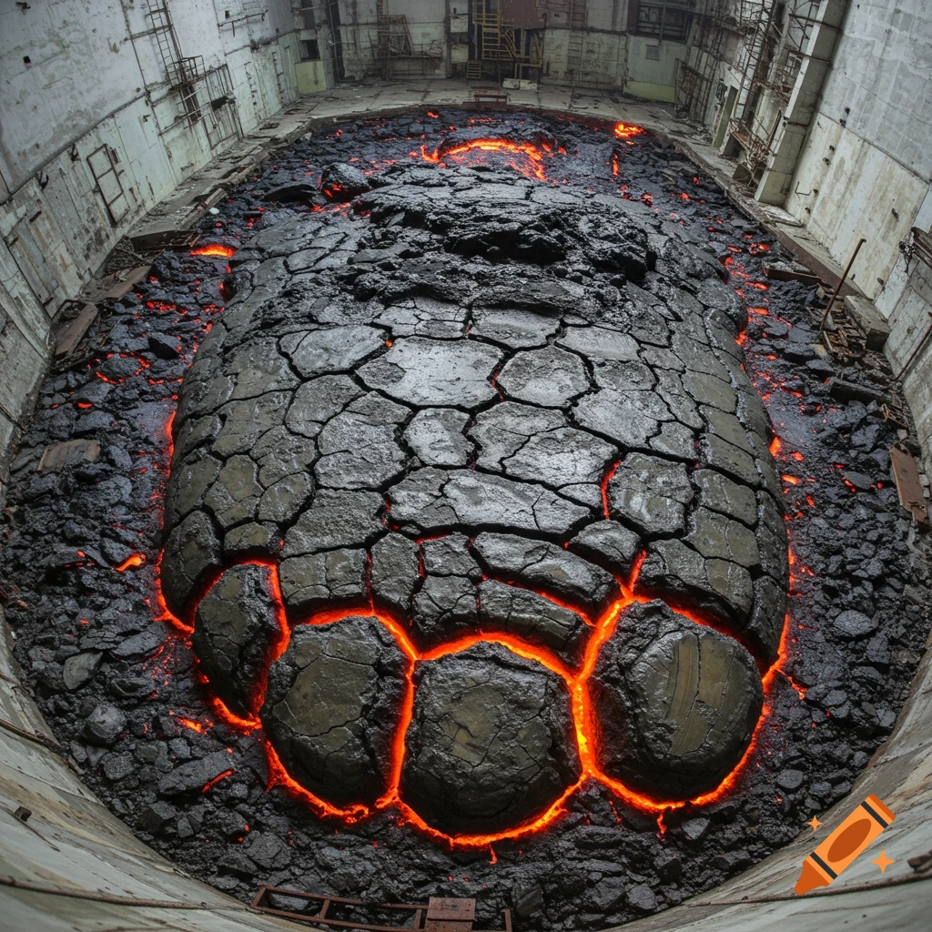 The Chernobyl Elephant's Foot corium mass glowing within a ruined structure.