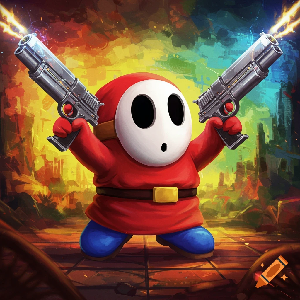 Shy Guy holding two handguns
