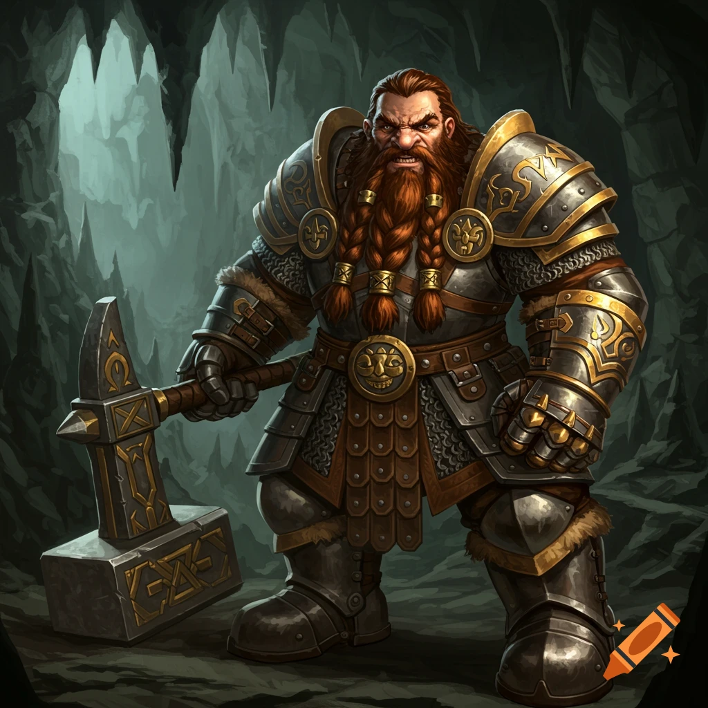 A male dwarf in detailed platemail armor holding a large warhammer in a cave.