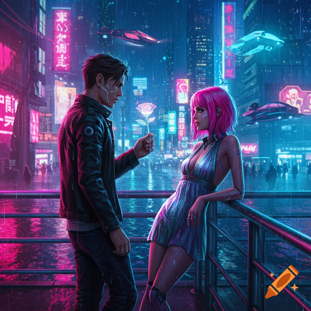 Man offers glowing rose to woman with pink hair in rainy cyberpunk city street with neon signs.