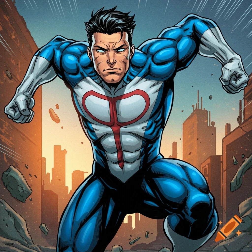 A superhero in a blue and white suit with a red symbol on the chest, striking a dynamic pose in a destroyed city landscape, in a comic book art style.