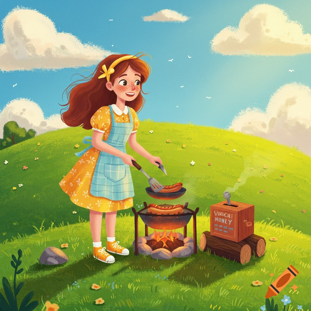 A girl cooking hot dogs on a grill on a grassy hill next to a money box.