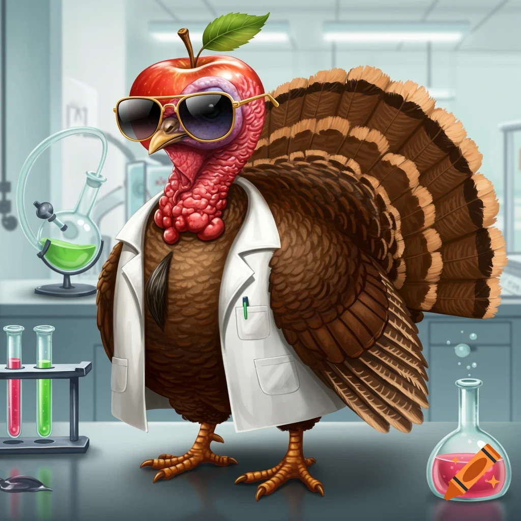 A turkey with an apple for a head wears sunglasses and a lab coat in a science lab.