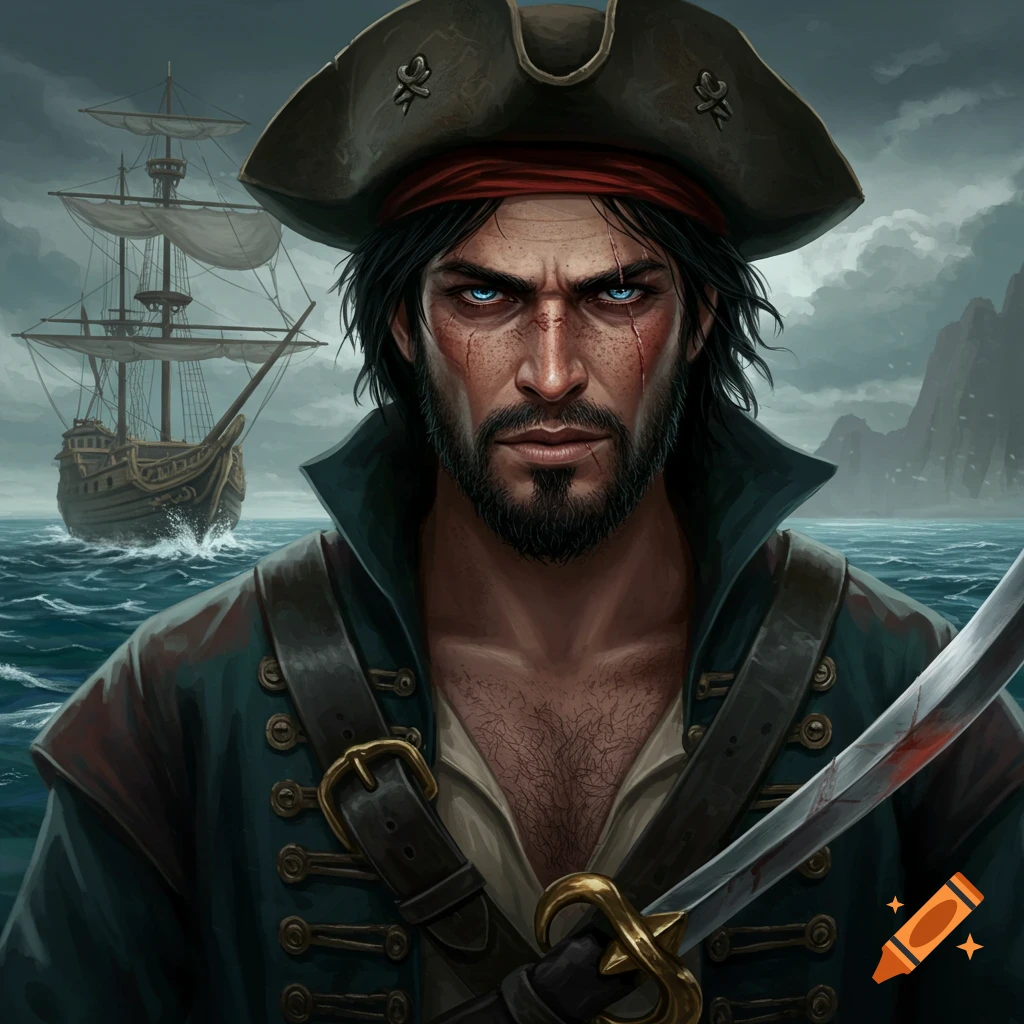 Painting of a pirate with blue eyes and scars holding a sword, with a sailing ship in the background on a stormy sea.