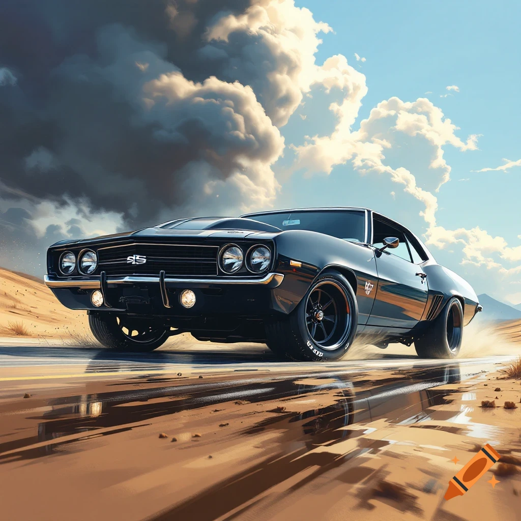A black Chevrolet Camaro SS drives on a wet road through a desert landscape with dramatic clouds.