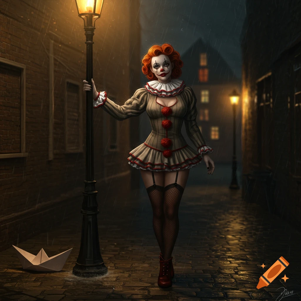 Painting of a pin-up style female clown in a rainy alley under a streetlamp with a paper boat.