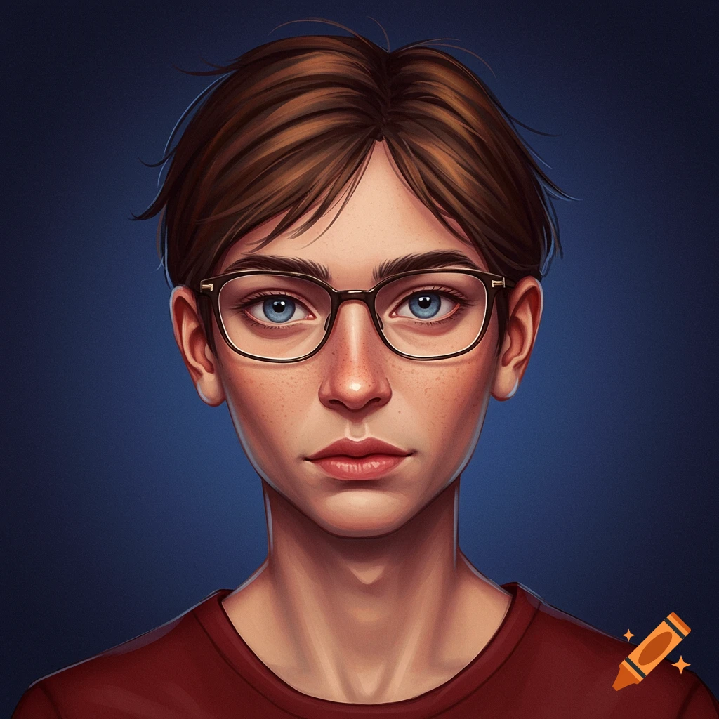 A young person with brown hair and glasses against a blue background.