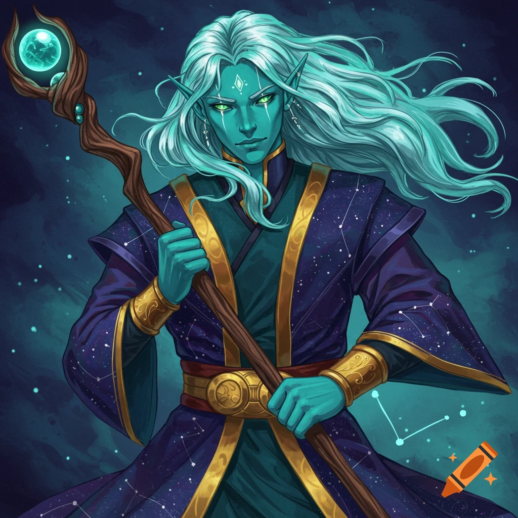 A blue-skinned elf with white hair and a starry robe, holding a staff with a glowing orb.