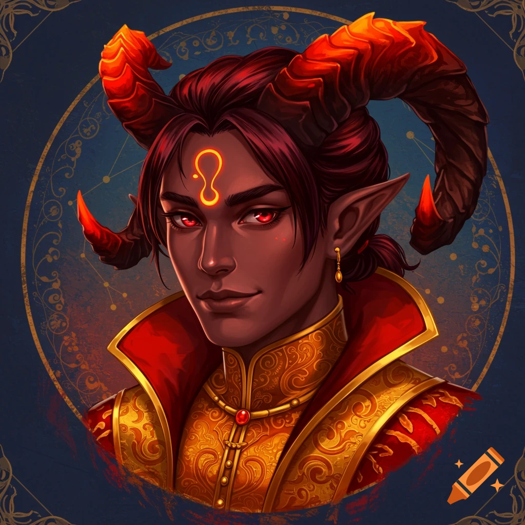 Portrait of a fantasy character with horns, red eyes, ornate clothes, and a Leo zodiac symbol on their forehead against an astrological background.
