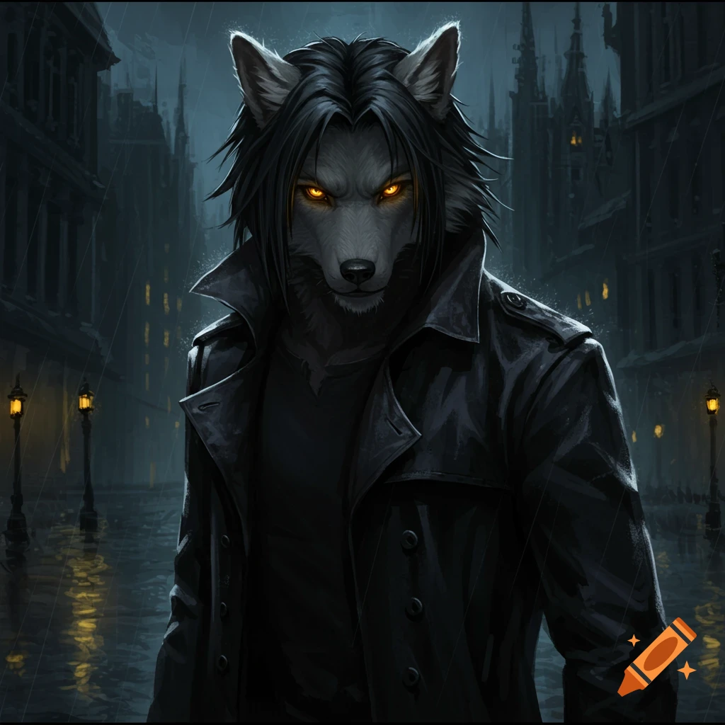 An anthropomorphic wolf with glowing eyes in a black trench coat stands in a dark, rainy city street.