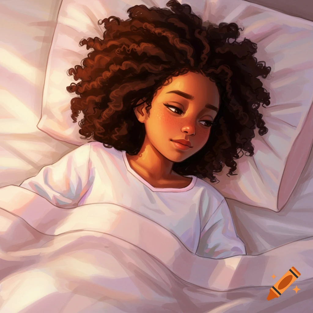 A young girl with curly hair sleeping peacefully in bed.