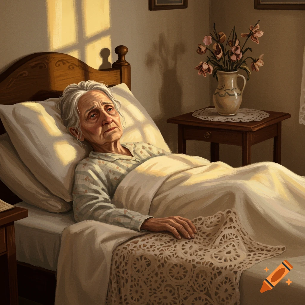 An elderly woman lies in bed in a sunlit room, looking frail.