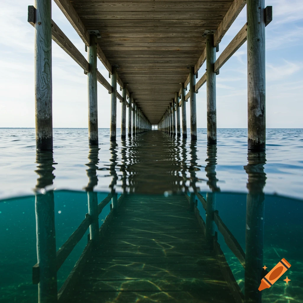A split view image showing a wooden pier above and below the water.