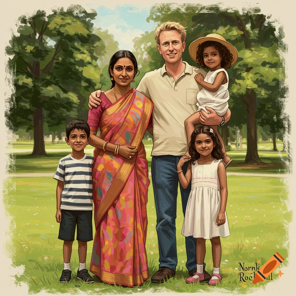 A diverse family in a park, posing for a portrait in Norman Rockwell style.