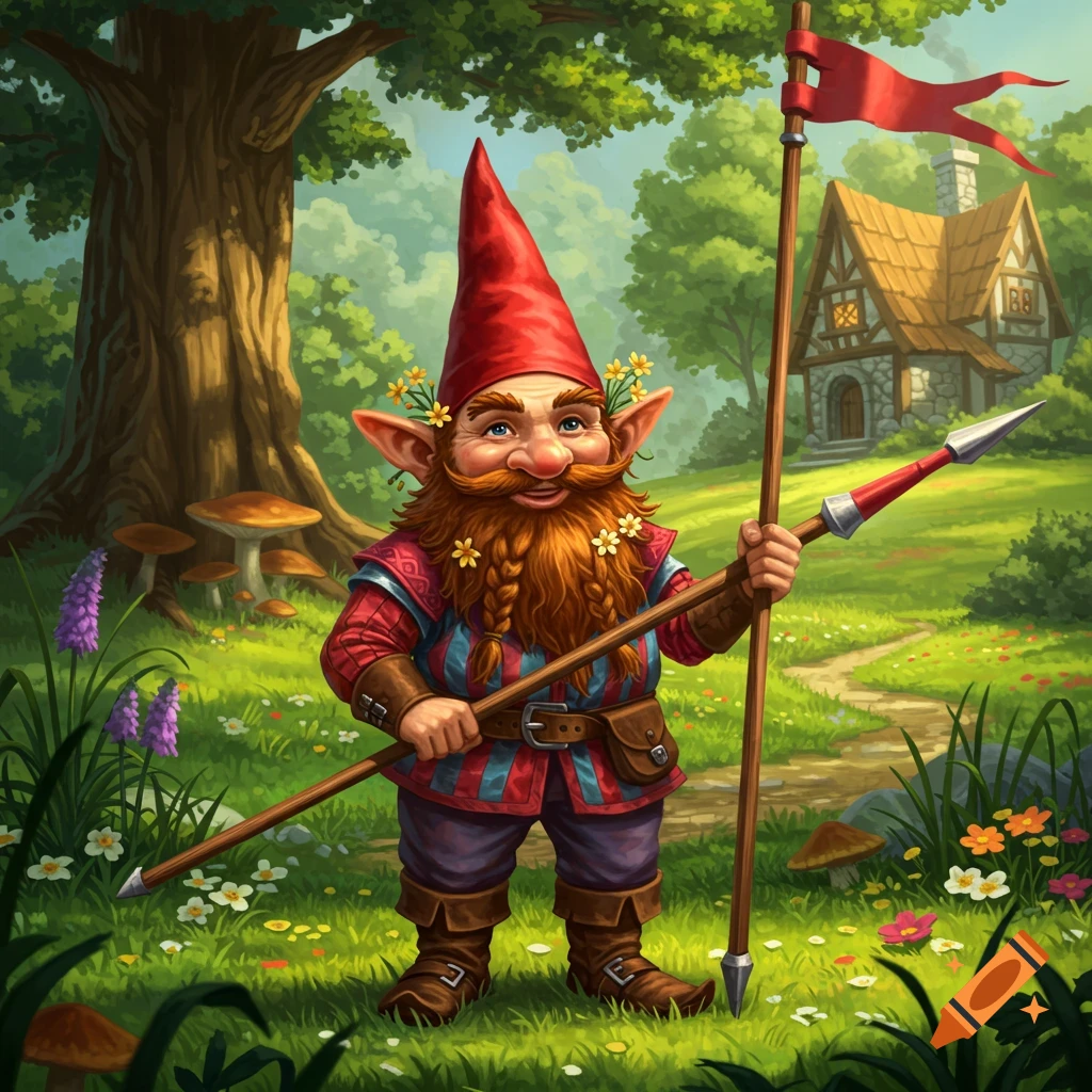 A happy gnome is holding a lance in a sunny forest clearing near a cottage.