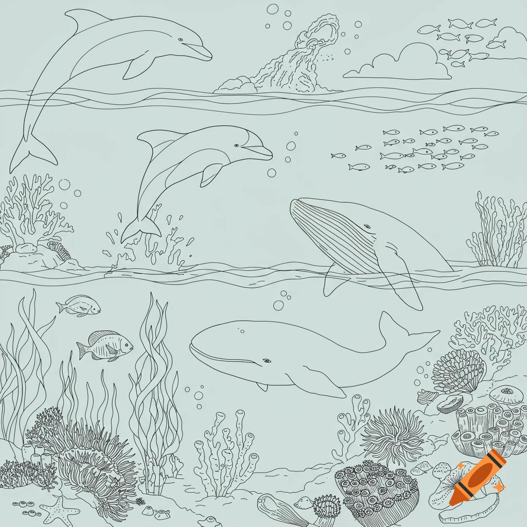 Outline drawing of dolphins jumping, whales, fish, coral, and seaweed