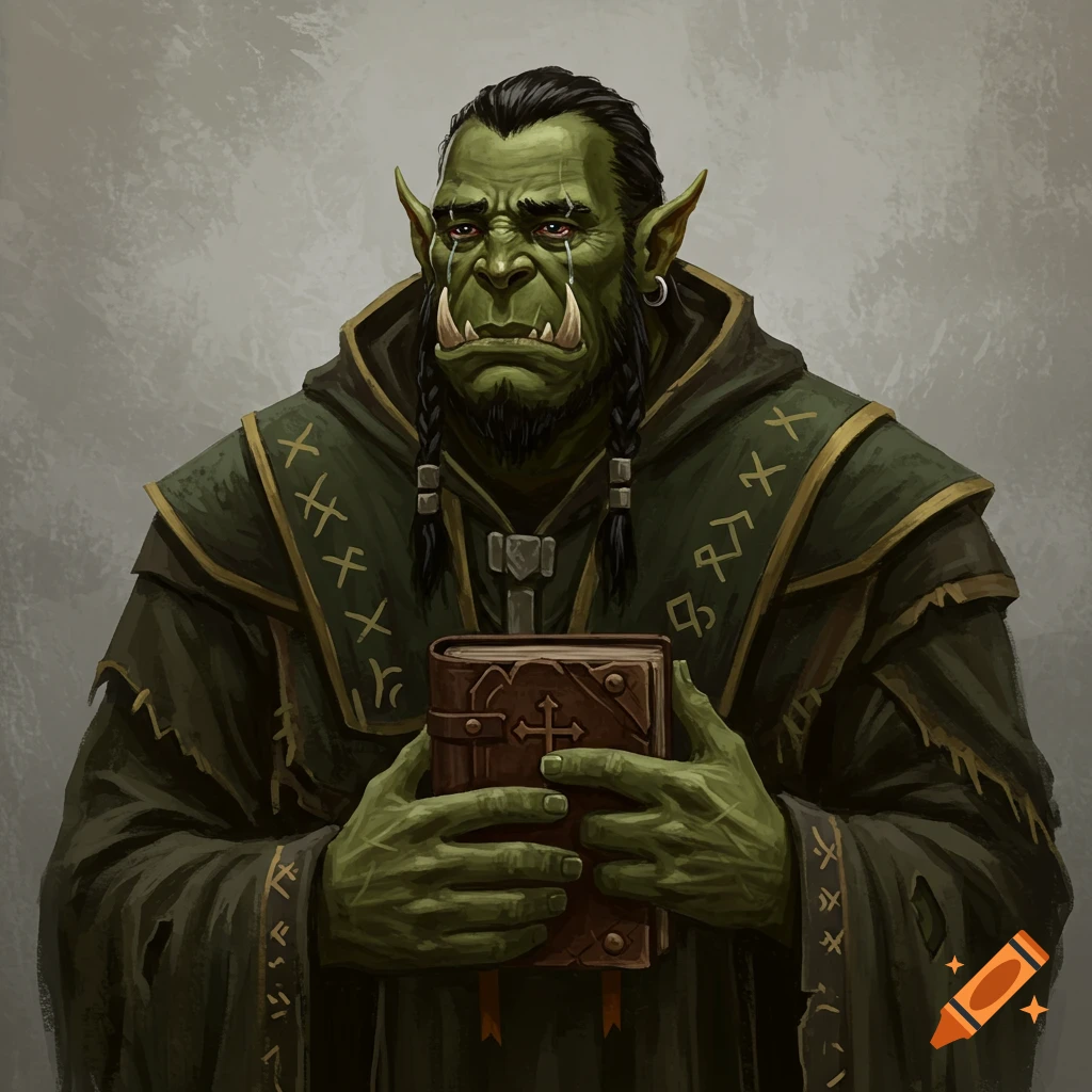 An image of a sad orc cleric holding a book.