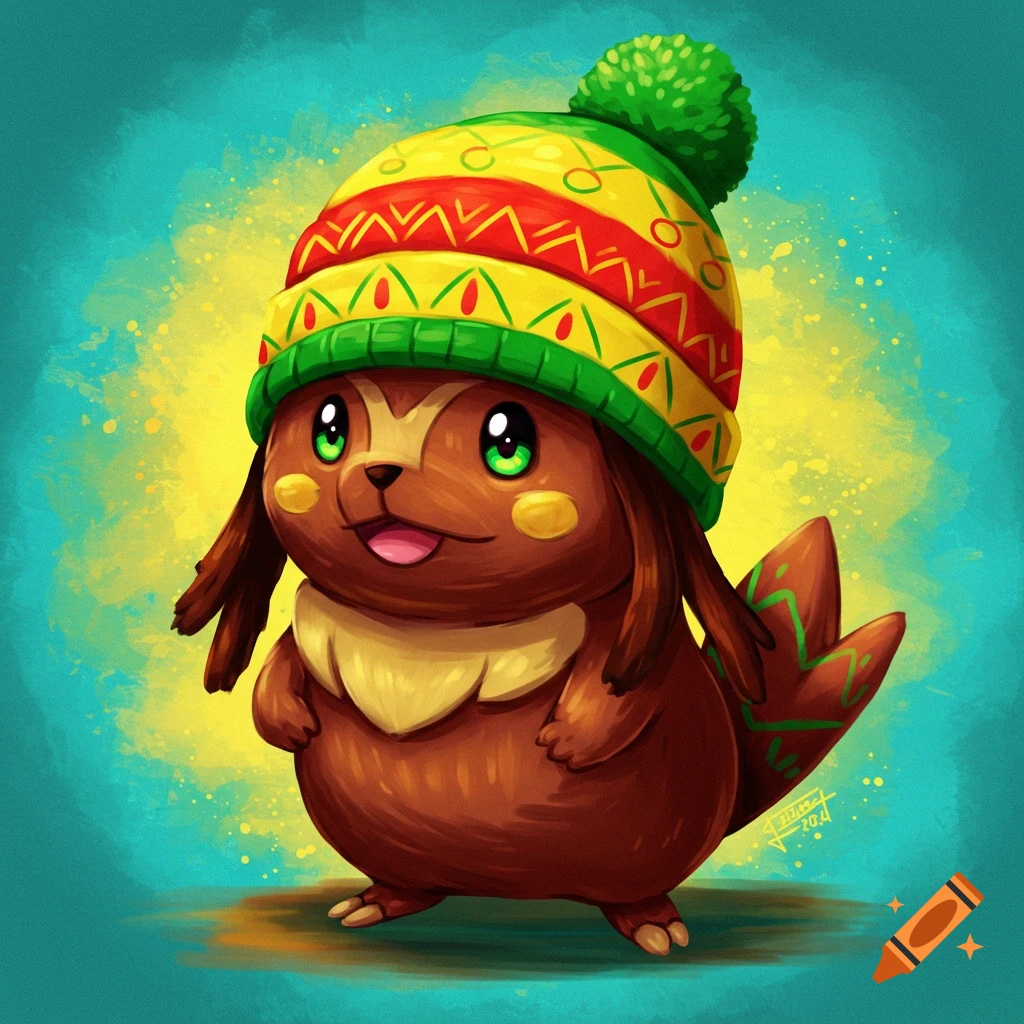 A cute brown creature wearing a colorful knitted hat.