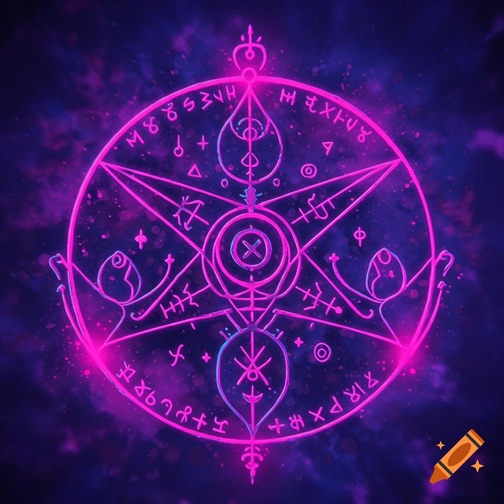 A glowing pink mystical sigil on a dark, starry background.