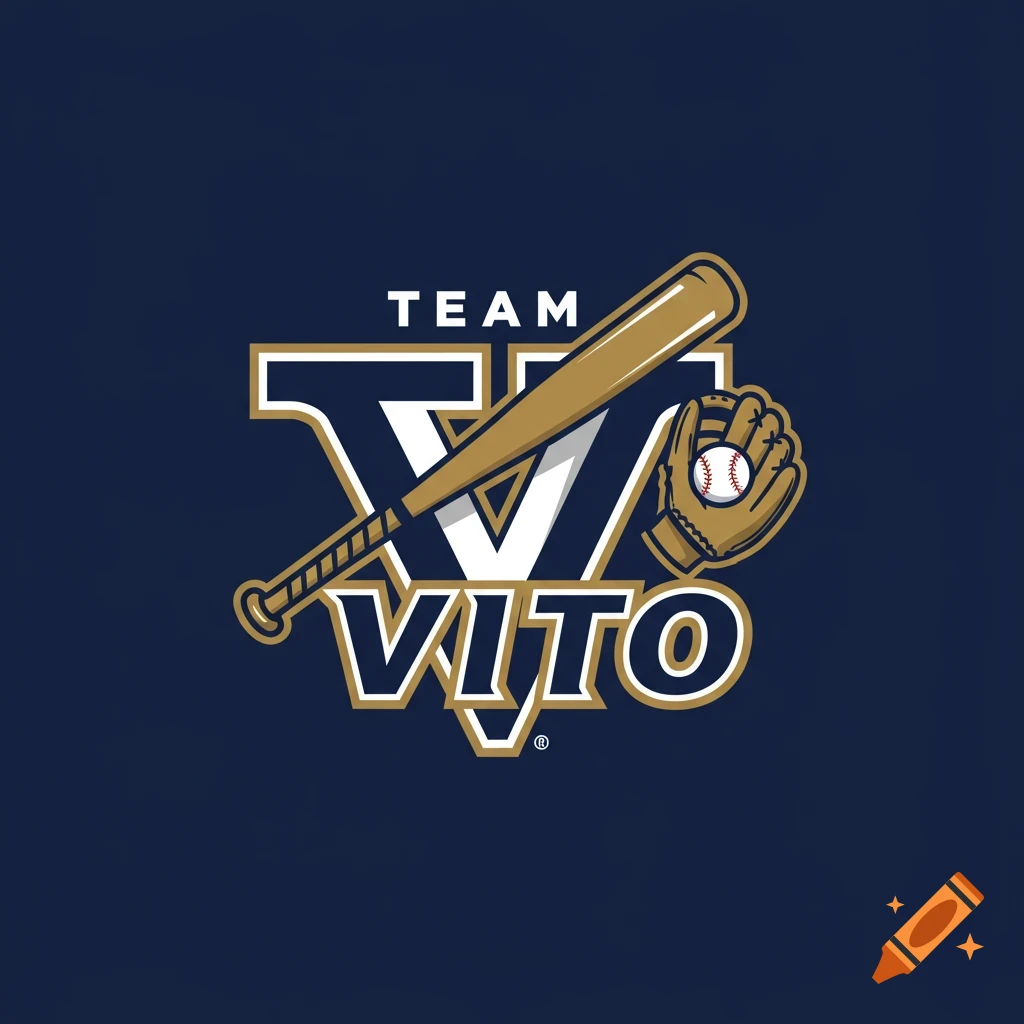 Baseball logo with a V, bat, glove, ball, and the text TEAM VITO on a blue background.