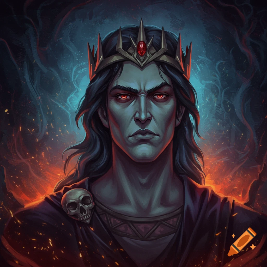 Hades with red eyes, crown, and skull emblem against a fiery background.