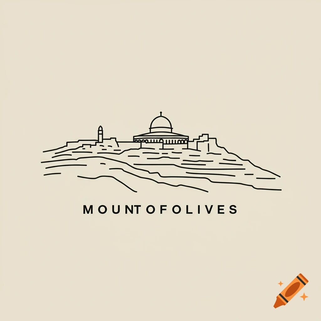 Outline drawing of a domed structure and tower on a hill with the text 'MOUNT OF OLIVES'.