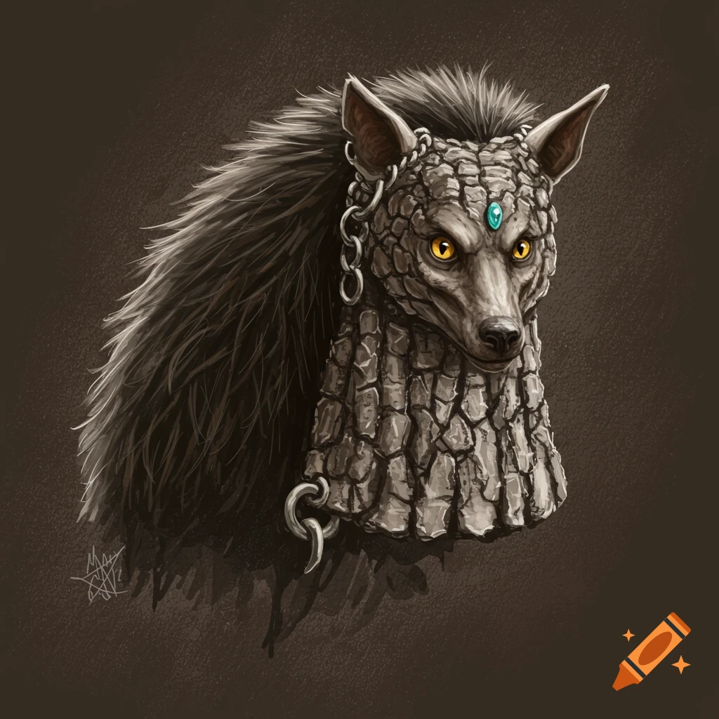 Fantasy creature with a wolf-like head, armadillo scales, fur, chains, and a jewel on its forehead.
