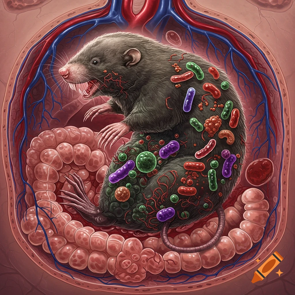 A mole rat is depicted inside a human body, covered in colorful microbes and surrounded by organs and vessels.