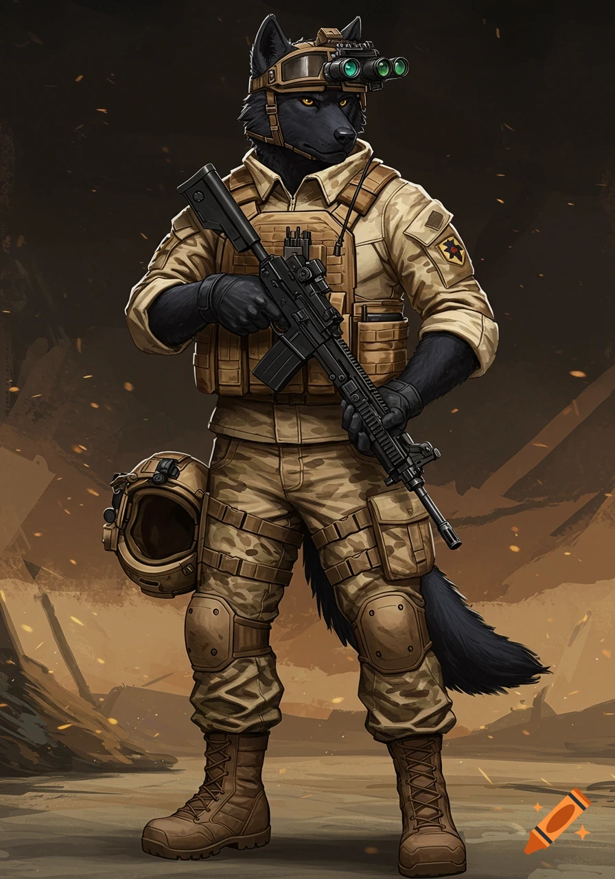 An anthropomorphic black wolf in military gear holds a rifle, standing in a dusty area.