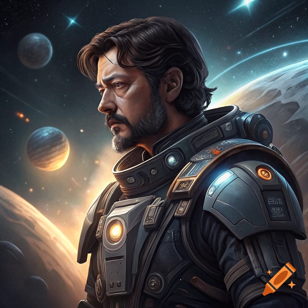 A portrait of a man in a futuristic space suit gazing into space at planets and stars.